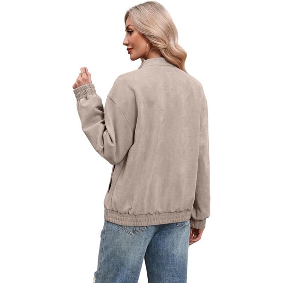 Women Faux Leather Jacket Oversized Suede Apricot Bomber Coat Fall Winter Outfit - Picture 4 of 4